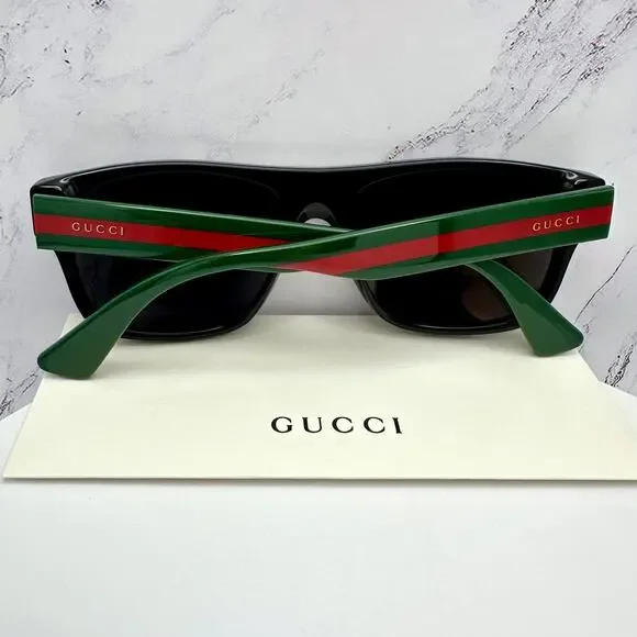 New Gucci Sunglasses Polarized Black Square Red Green Web Arms 56mm Gray Lens - Picture 7 of 15